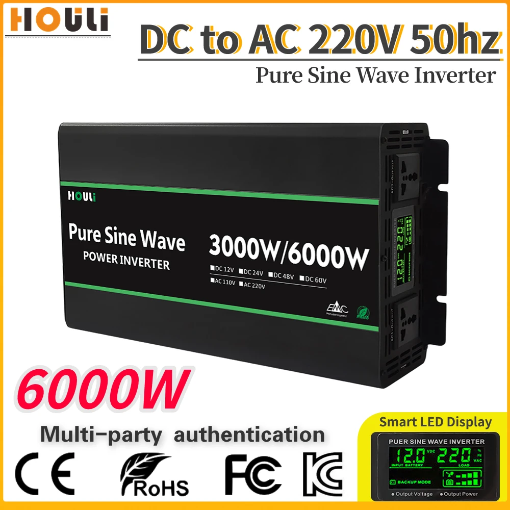 

6000W Pure Sine Wave Power Inverter Car Inversor Universal Socket 12V To 220V Solar Power Converter For Home Transformer 60hz