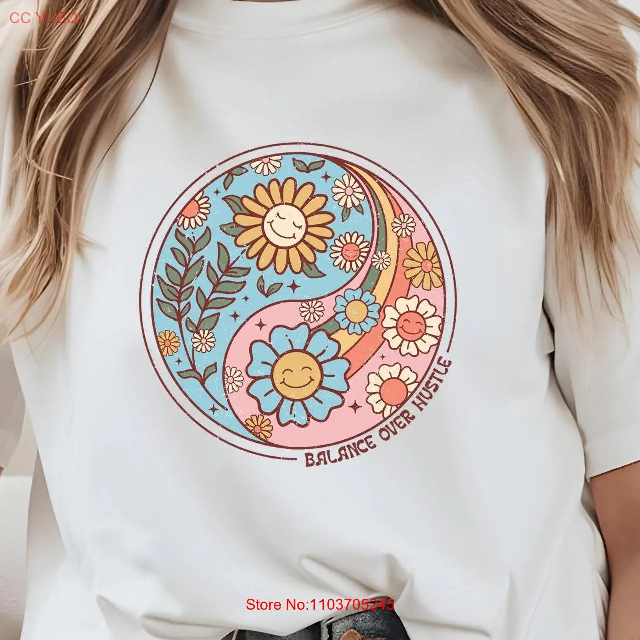 Boho Distressed Balance Over Hustle Groovy Ying Yang Bella Холщовая футболка с круглым вырезом DTF 50402