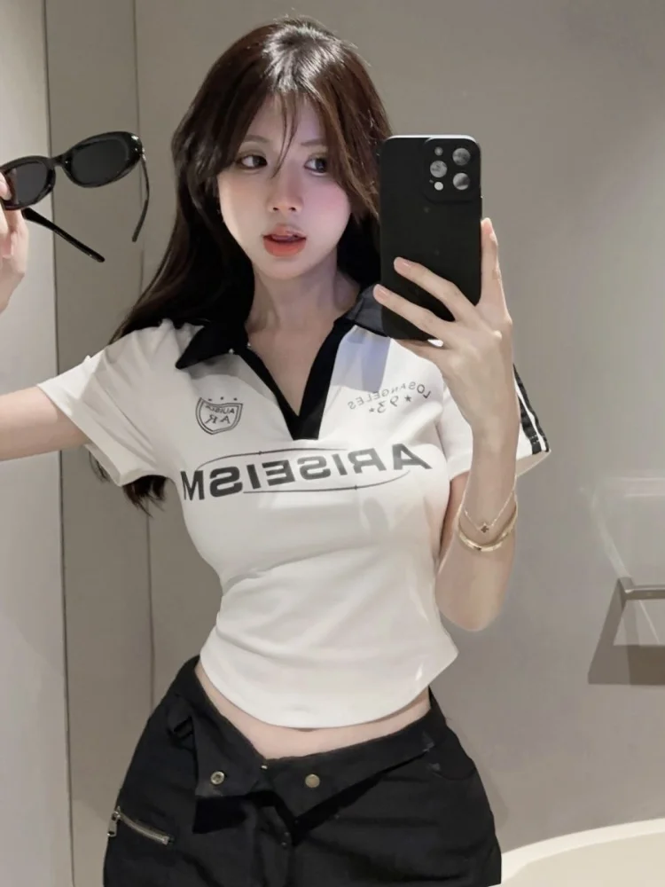 Укороченная футболка QWEEK Y2k с кокеткой Женская корейская мода 2024 уличная одежда