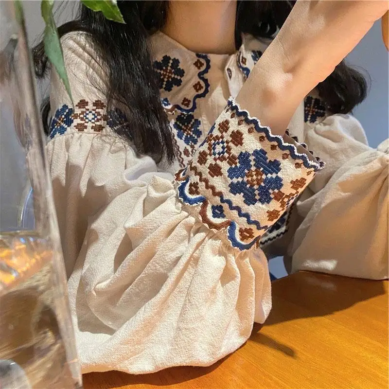 

Women's Blouse Vintage Harajuku Oversized Shirt Long Sleeve Top Embroidery Elegant Female Chic Retro Clothes Autumn 2023 New