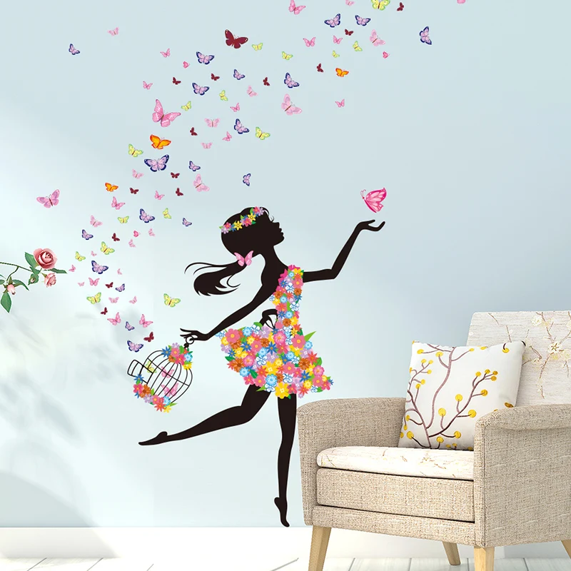 shijuekongjian fairy girl wall stickers vinyl diy butterflies flowers mural decals for house kids room baby bedroom decoration free global shipping