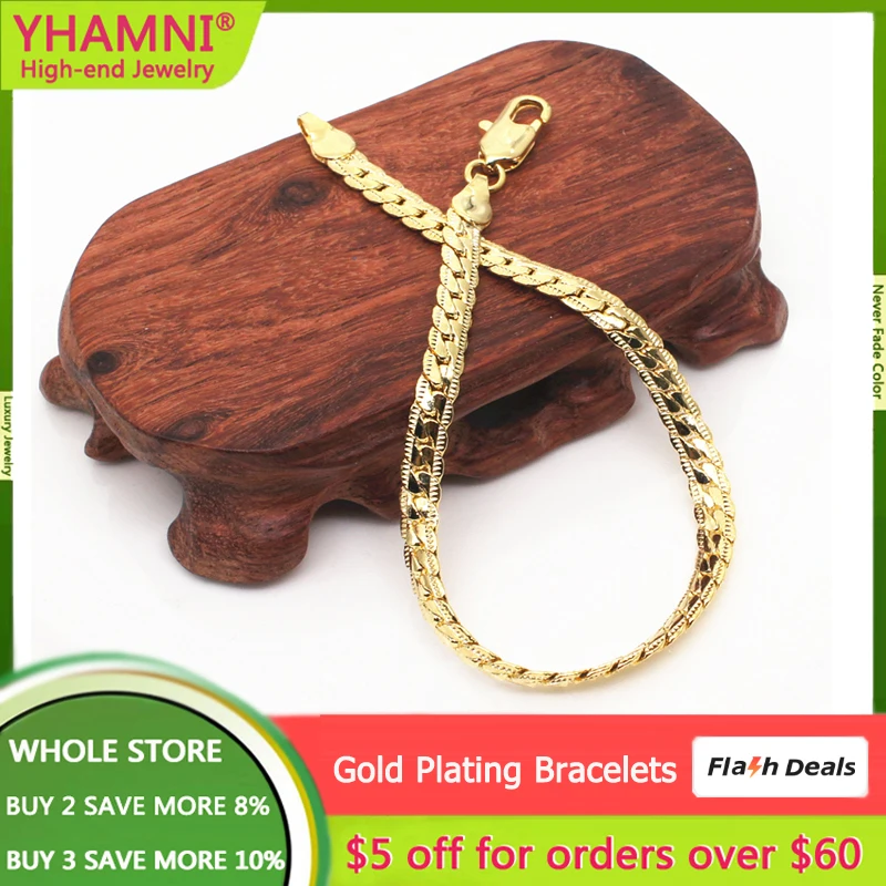 Купи 20cm Trendy Bracelets for Women Men Fine Yellow Gold Color Cuban Link Chains Bracelet on hand Fashion Jewelry Gifts HB199 за 299 рублей в магазине AliExpress