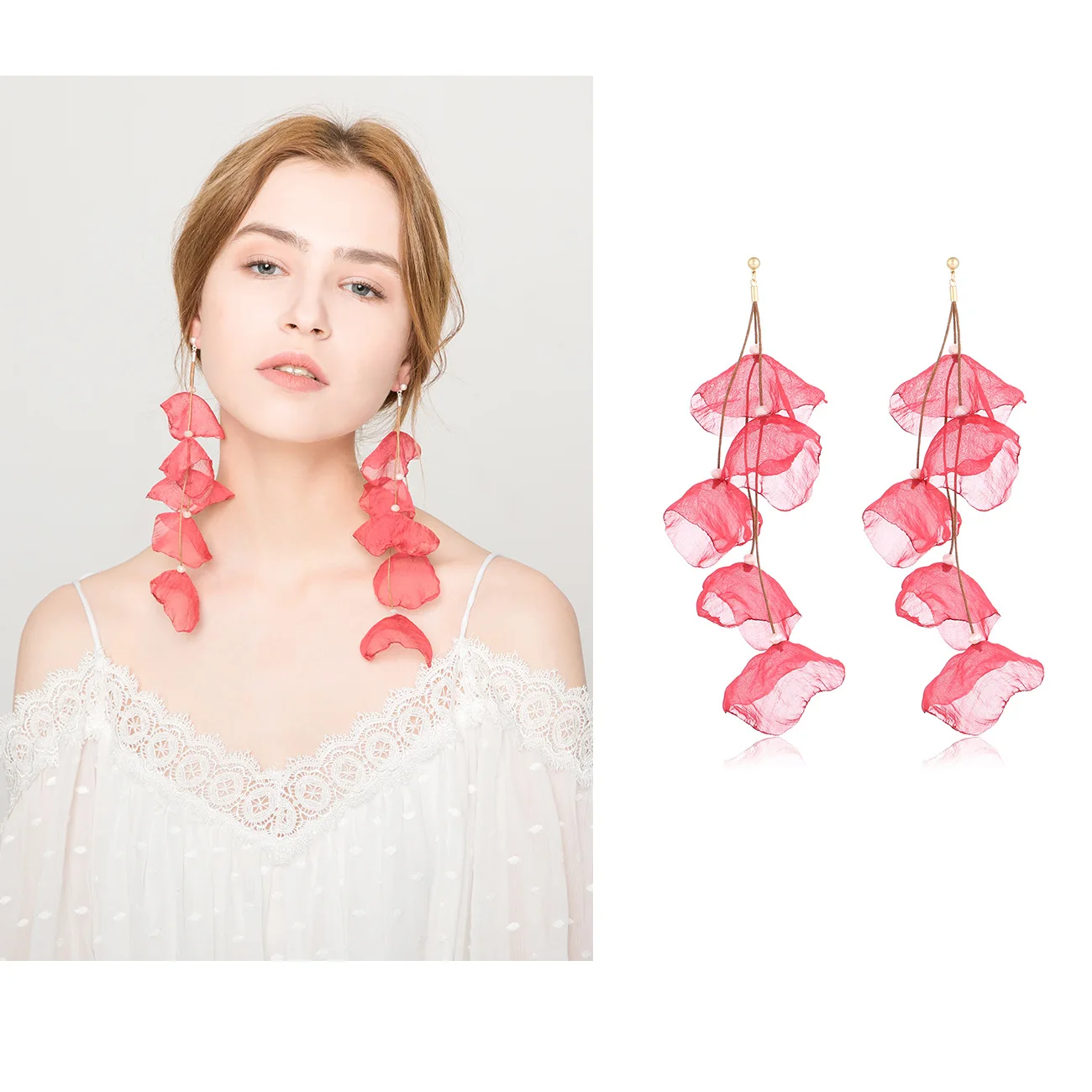 

Elegant Lace Fabric Flower Drop Earings Handmade Layered Petal Tassel Jewelry Women Girls Bride Wedding Dangle Earrings Gifts