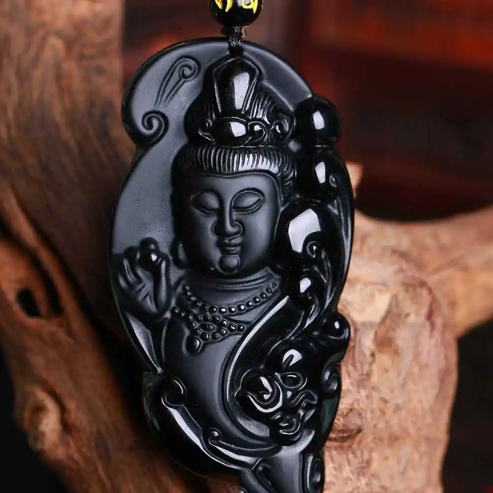 

100% Obsidian Carved Avalokitesvara Lucky Amulet Pendant Silver Heart Fashion Tibetan Clavicle Natural Gift Necklace Energy