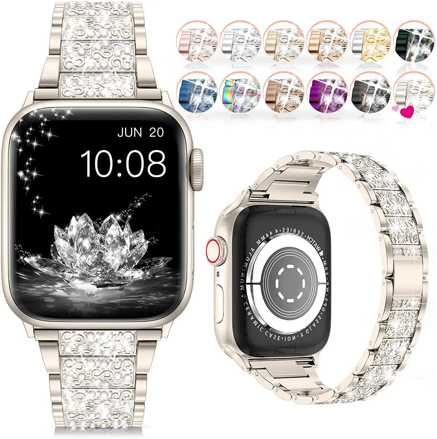 

Металлический ремешок для Apple Watch iWatch 7 SE 6 5 4 3 38 40 41 мм 42 44 45 мм, модные роскошные женские ювелирные изделия, цветной браслет с бриллиантами
