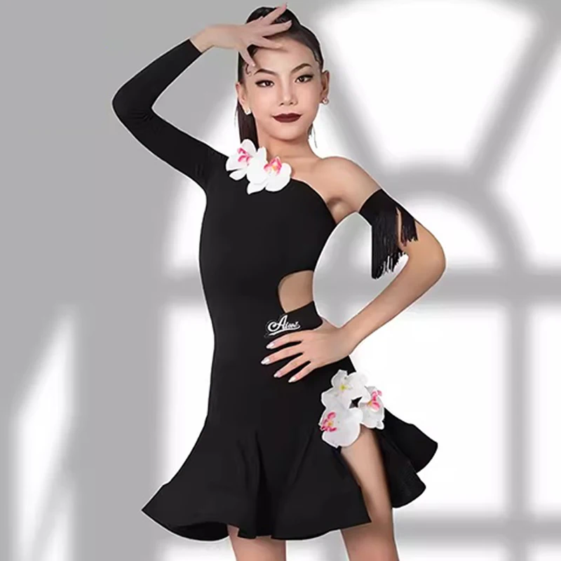 

Girls Latin Dance Performance Costume Slant Shoulder Flower Dress Long Sleeves Suit Rumba Ballroom Dance Practice Dress BL11615