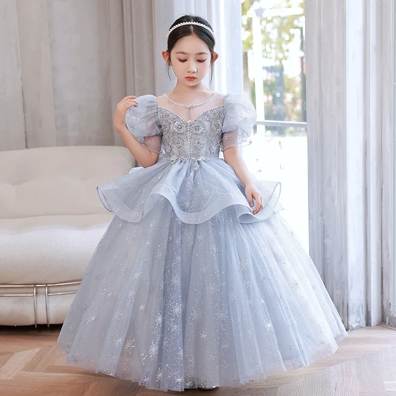 

Kids Dresses For Party Wedding Dress pearl Embroidered court Children Pageant Gown Girls PrincessTulle Dress Girl clothing