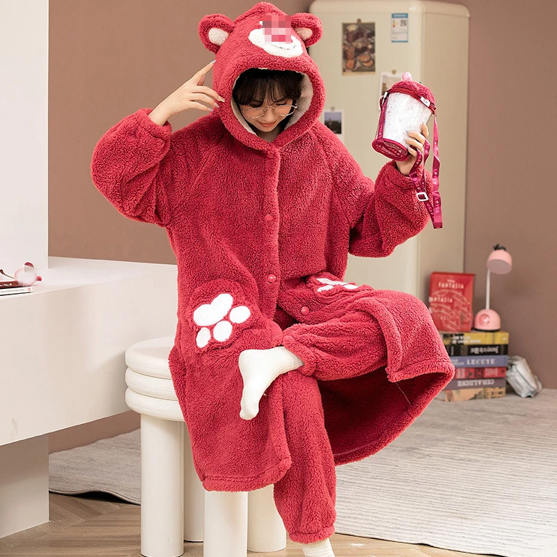 Winter Thick Hooded Flannel Animal Pajamas Sets Women Loose Long Sleeve Nightgown With Pants Cosplay Bear Cartoon Warm Nightwear