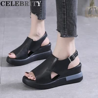 summer wedge shoes womens sandals solid color open toe high heels casual womens buckle strap fashion womens sandals