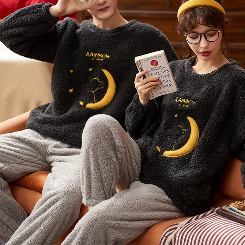 

Костюм коралловый флисовый свободный пижамный комплект для пар пижама одежда женская теплая Домашняя одежда мягкая Толстая домашняя одежд...