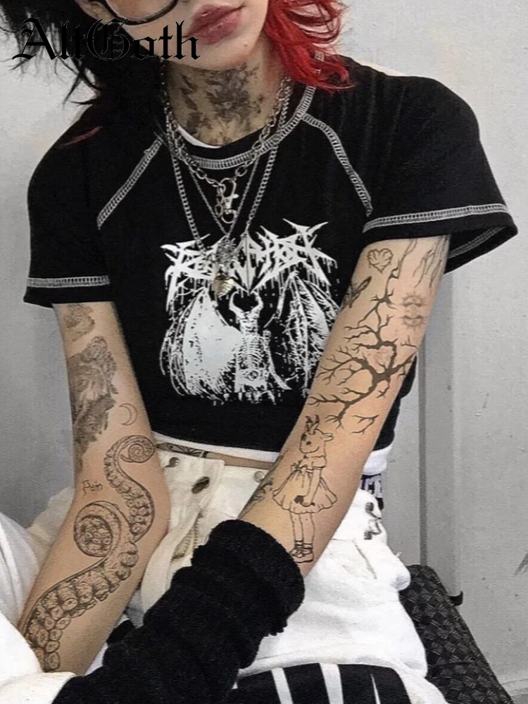 

AltGoth Gothic Grunge Crop Tee Tops Women Harajuku Streetwear Aesthetic Anime Printed Short Sleeve T-shirt Y2k Punk Demon Outfit