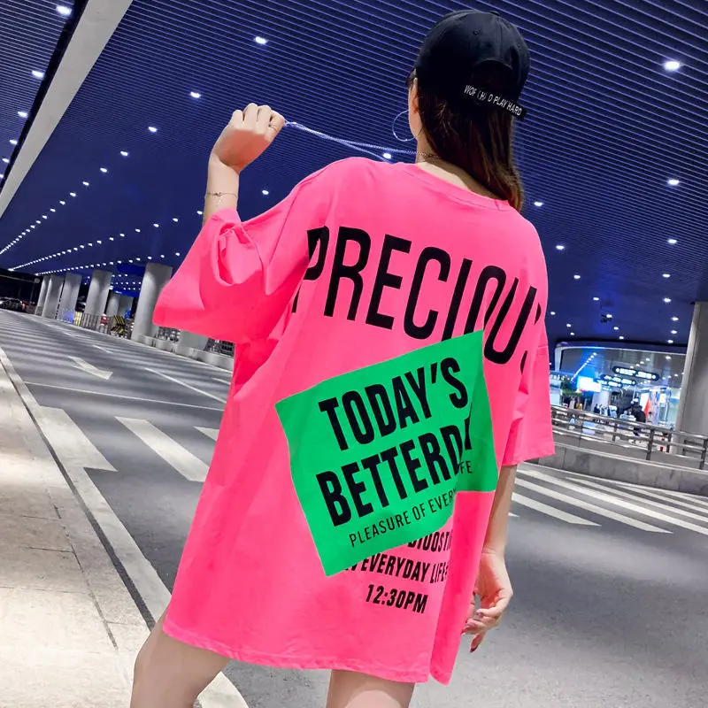 

New Large Size Women Summer Length graffiti T-shirt Half Sleeve loose Comfortable T-shirt Fashion Candy color Short Sleeves