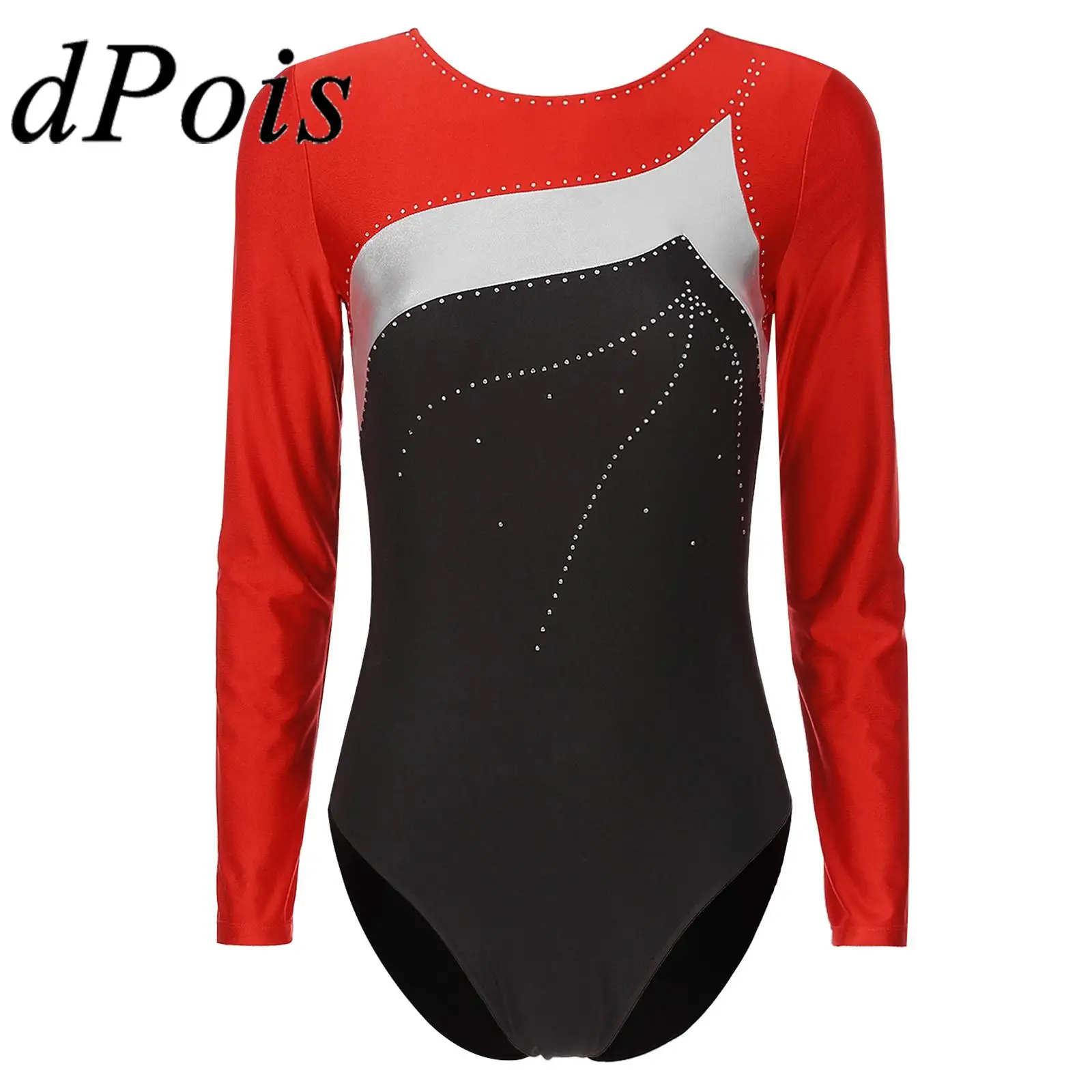 

Women Tutu Ballet Dance Leotard Color Block Glitter Rhinestone Long Sleeve Gymnastics Bodysuit for Woman Figure Skating Jumpsuit
