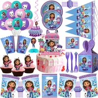 gabby dollhouse birthday party decoration disposable balloon tableware cup plate backdrop for kids girls baby party supplies