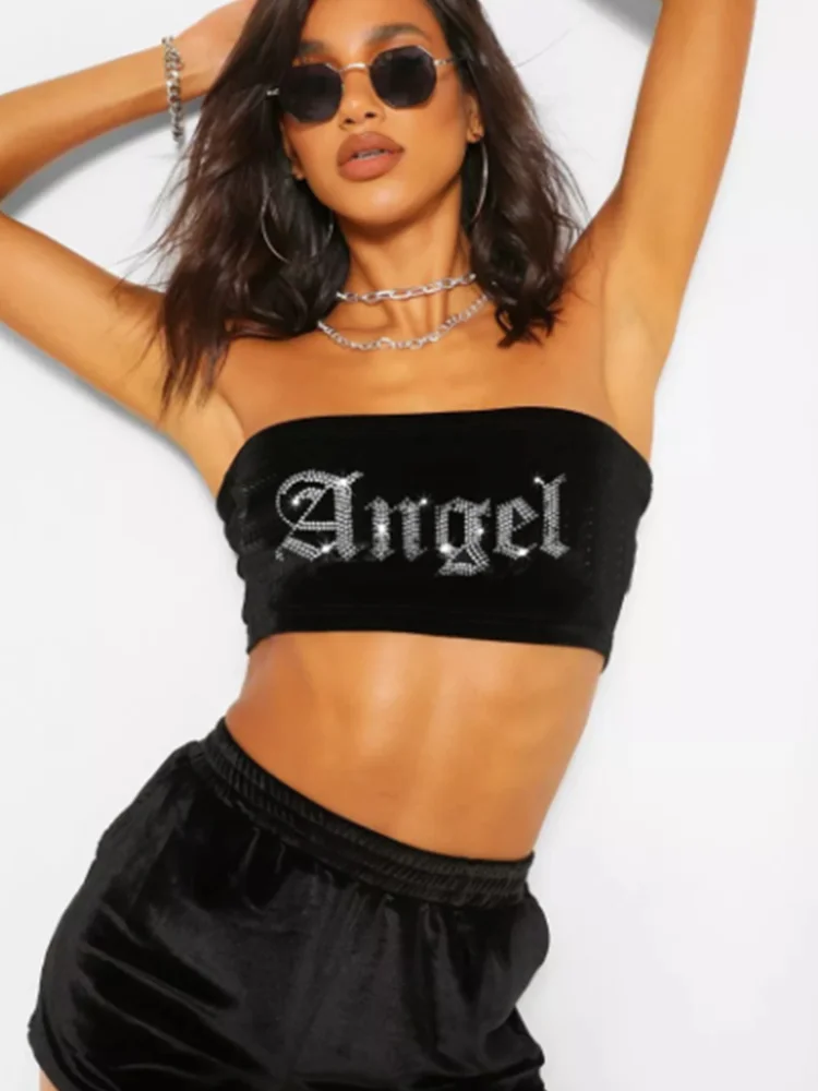 

Customized velour diamond Black Bandeau Set