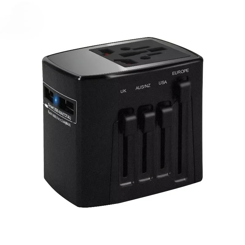 Фото Универсальный дорожный адаптер питания 4.8A с двумя USB-портами, 250В/5В, латунный пластиковый штекер, подходит для зарядки планшетов. №1