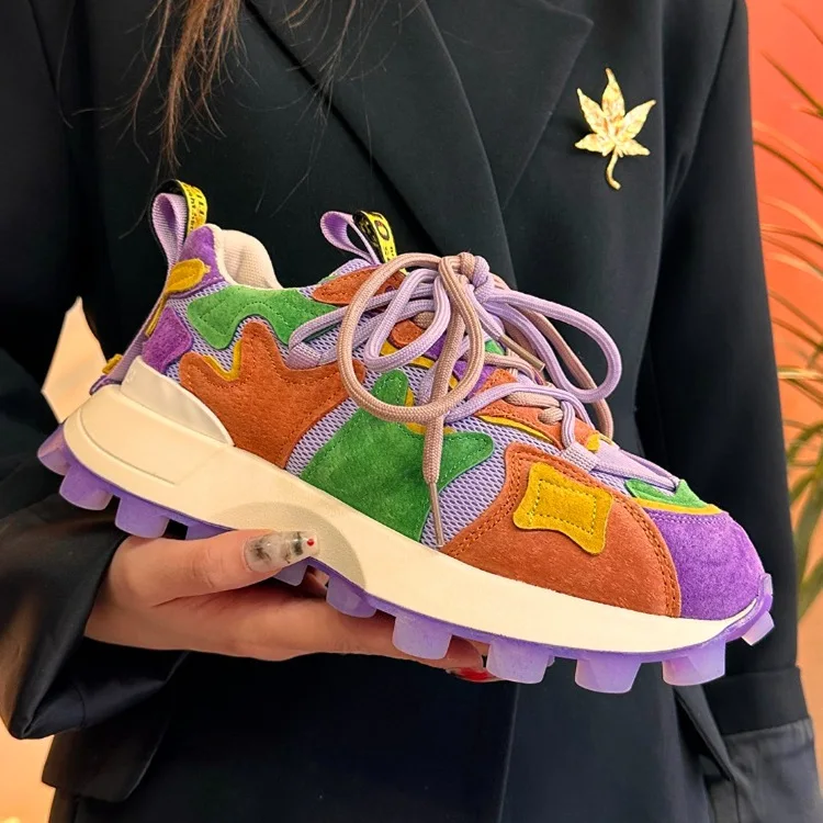 2023 New Sneakers Women Trends  Round Toe Designer Mixed Colors Deep Mouth Lace-up Platform Purple Luxury Women's Running Shoes