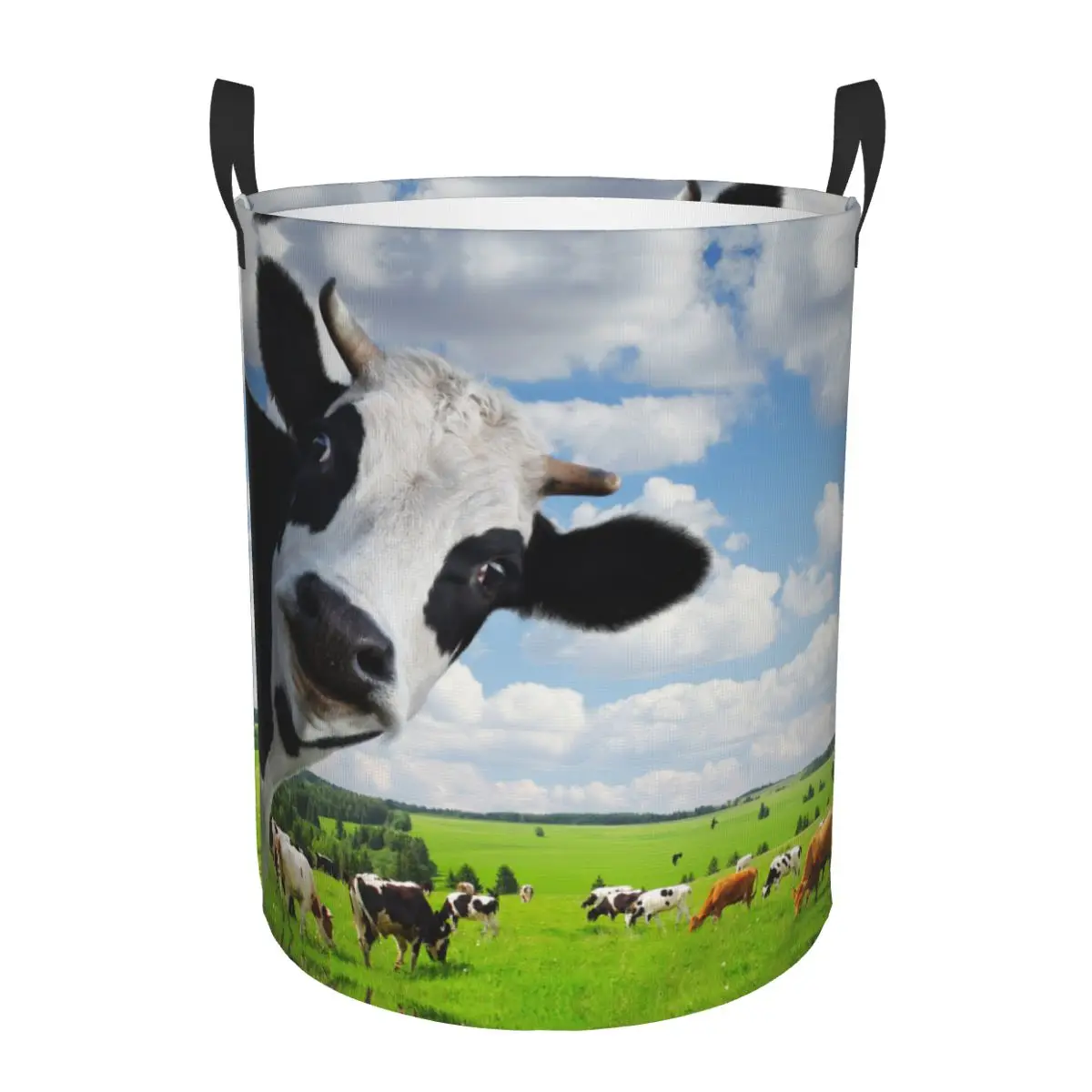 

Laundry Basket Cow With Green Rural Meadow Cloth Folding Dirty Clothes Toys Storage Bucket Household Storage Basket