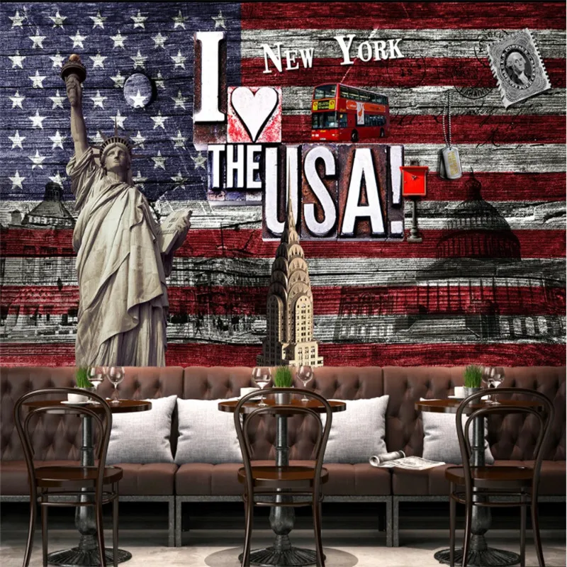 

Custom Retro Statue of Liberty American Flag Background Mural Wallpaper 3D Bar Music Restaurant Industrial Decor Wall Paper 3D