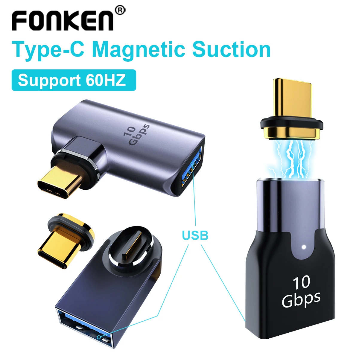 Fonken USB3.1 10Gbps Magnetic Adapter USB A To Type C Fast Charging Magnet Converter Cable 60Hz USB Type C Data OTG Connector