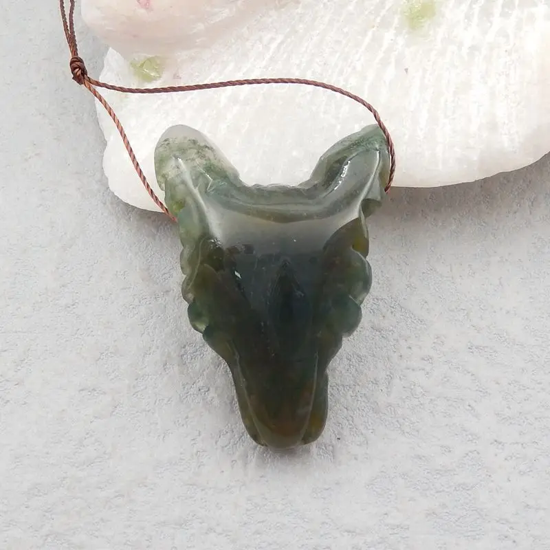 Ожерелье ручной работы из натурального Моха и агата с головой волка подвеска