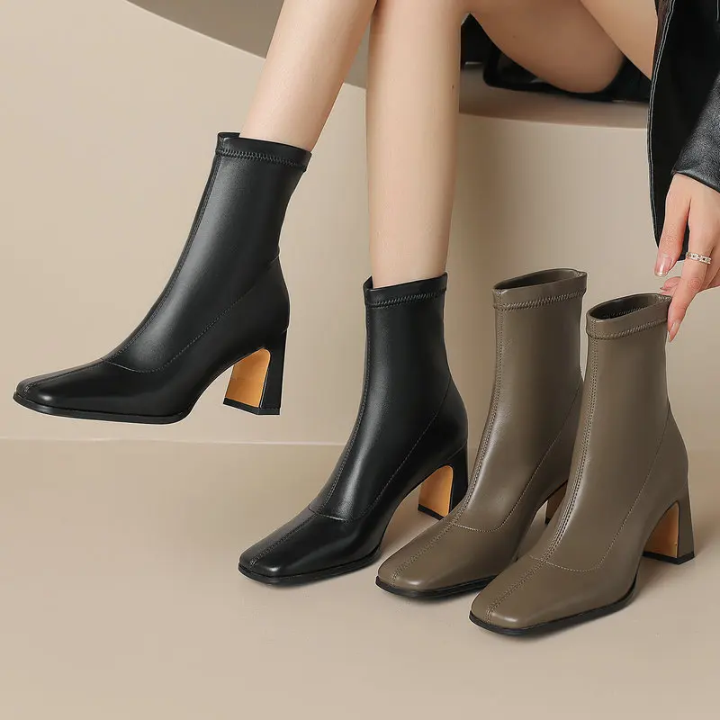 

Женские ботильоны из натуральной кожи, на высоком каблуке, с квадратным носком, размеры 34-42