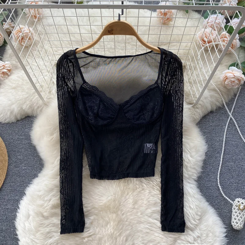 

Ажурные Сексуальные Кружевные женские рубашки с V-образным вырезом, укороченные топы с длинным рукавом, новинка 2023, весенне-летние Черные Горячие женские футболки