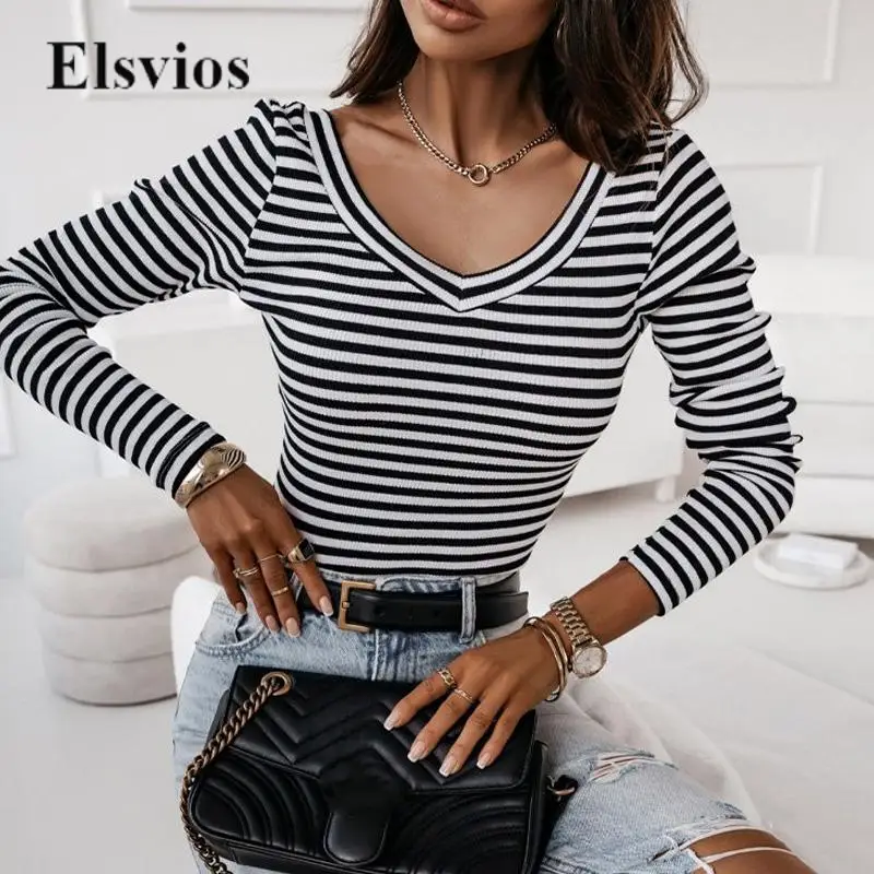 

Fashion Striped Basic Ribbed Blusas Pullover Women Double V Neck Backless Sexy Tee Shirt Autumn Long Sleeve Slim Fit Blouse Tops