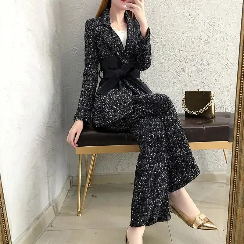 

2022 Women's Autumn Winter Fashion Wool Suits Female Casual Long Sleeve Jackets + Loose Wide-leg Pants Ladies 2 Piece Sets R317