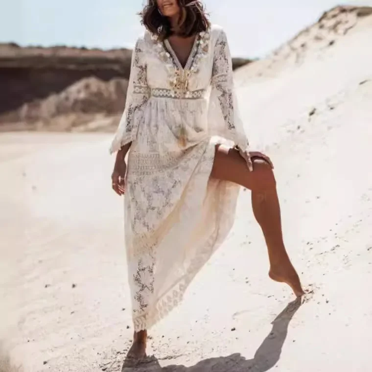 Женское ажурное платье с бахромой белое однотонное повседневное пляжное