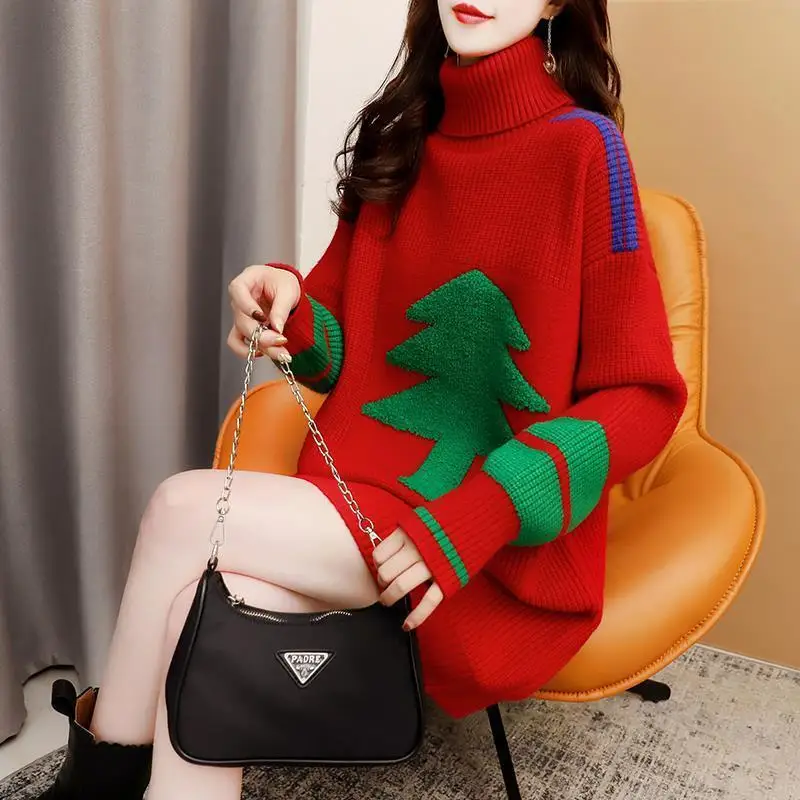 

New Christmas Sweaters Winter Clothes Women Knit Pullover Korean Fashion Loose Autumn Coats High Collared Tops