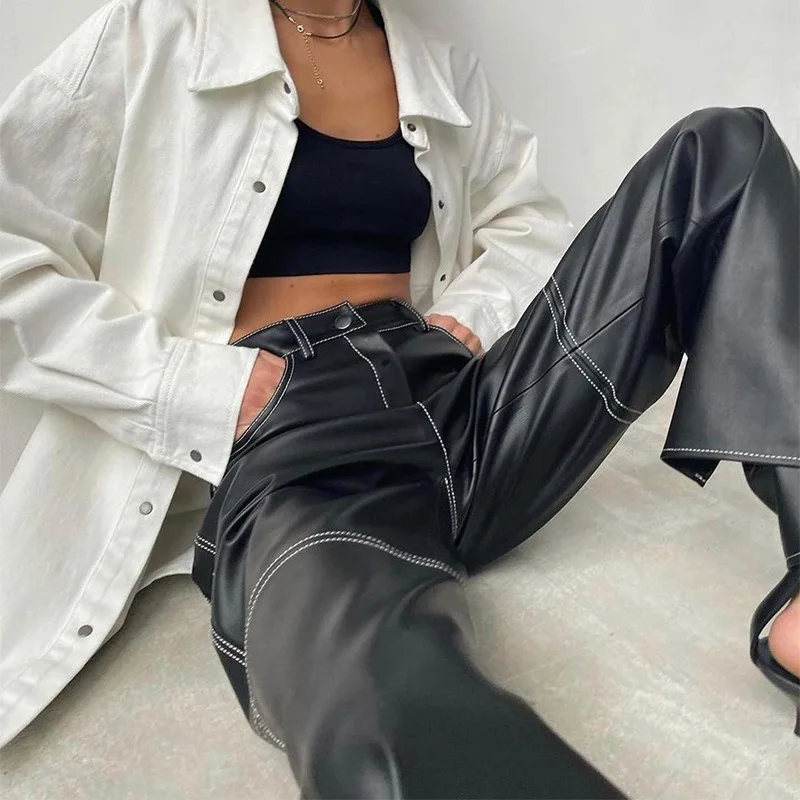 

Gothic Black PU Leather Wide Leg Pants Women Trousers Streetwear Bottom Casual Punk Pants Outfits 2021 Autumn Wide Leg Pants