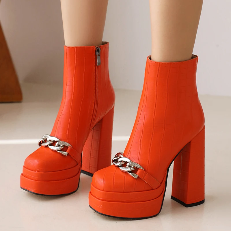 

New Ankle Boots For Women Pumps Metal Chain High Heels Ladies Modern Booties 2022 Fashion Square Toe Short Platform Female Shoes