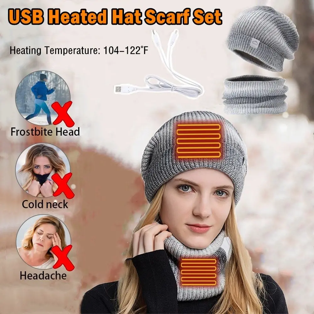 

Fashion Gradient Color Warm Winter USB Heating Heated Hat Scarf Set Knitted Beanies Neck Warmer