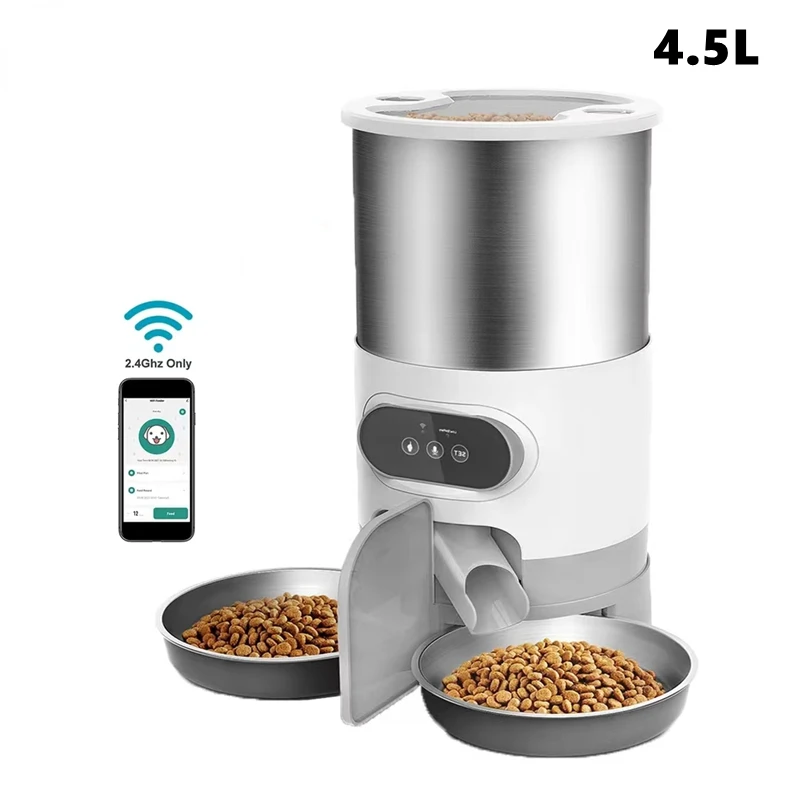 

Automatic Pet Feeder 3L/4.5L Capacity Double Staiinless Steel Bowls APP Control Food Dispenser with Timing Feeding for CatampDog