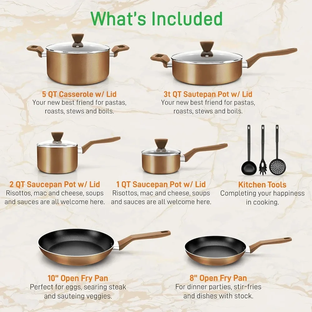 13 шт. Антипригарная кухонная посуда PTFE/PFOA/PFOS-Free термостойкая утварь с кастрюлей