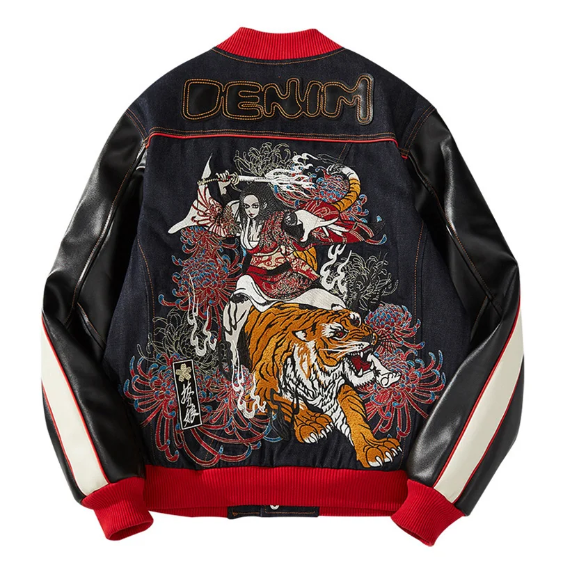 

PU Sleeve Patchwork Baseball Jacket Men Embroidery Sukajan Coat Hip Hop Spring Stand Collar Male Jacket 2022 Clothing