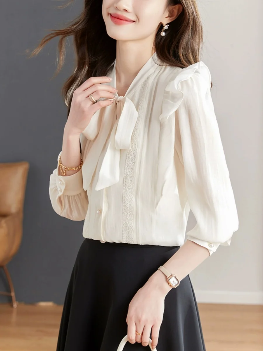 Шифоновые рубашки с французским бантом женские весенние 2024 новая рубашка в стиле