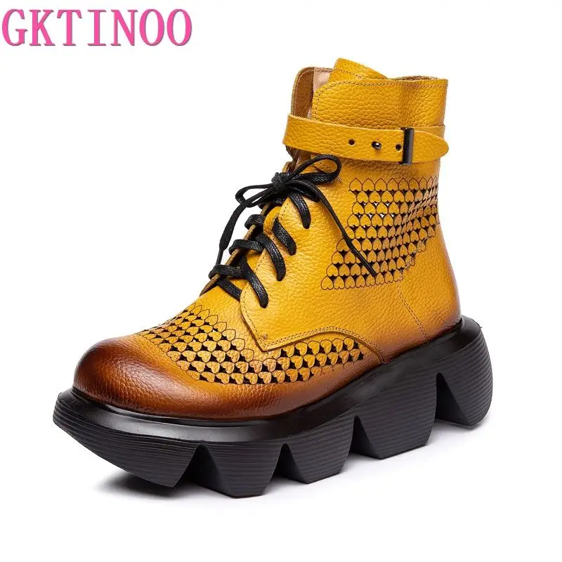 

GKTINOO/женские ботинки; 5,5 см; Из натуральной коровьей кожи; Сезон лето; На платформе; На танкетке; На молнии; Дышащая модная женская обувь