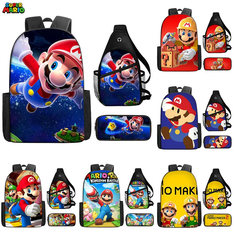 

Super Mario Bros 3pcs Backpack Satchel Pen Bag Student Anime Figure Toys Luigi Large Capacity Schoolbag Kids Birthday Xmas Gifts