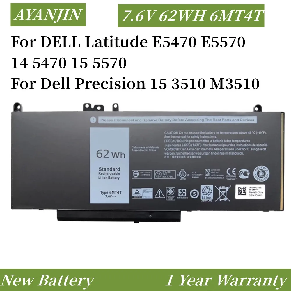 

New 7.6V 62WH 6MT4T Laptop Battery For DELL Latitude E5470 E5570 14 5470 15 5570 For Dell Precision 15 3510 M3510