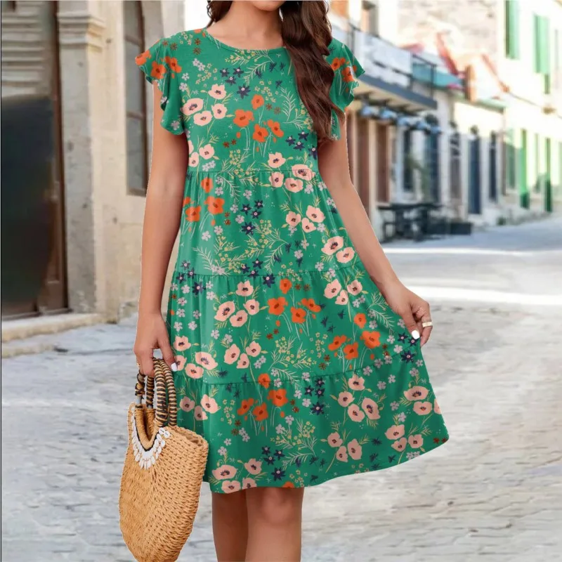 

Leisure Printed Flying Sleeves Loose Fitting Midi Dress For Women 2023 Summer Robe Sexy Femme Veatido De Fiesta Elegante Robes