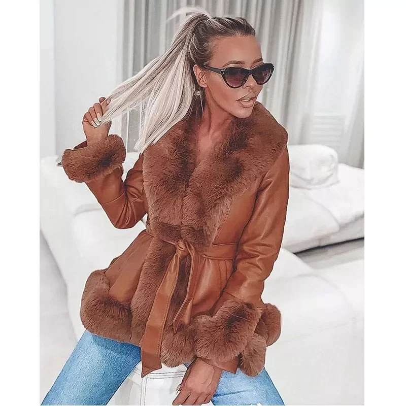 PU Leather Short Jackets Women Fashion Tie Belt Waist Coats Women Elegant Side Pockets Faux Fur Jackets Female Ladies
