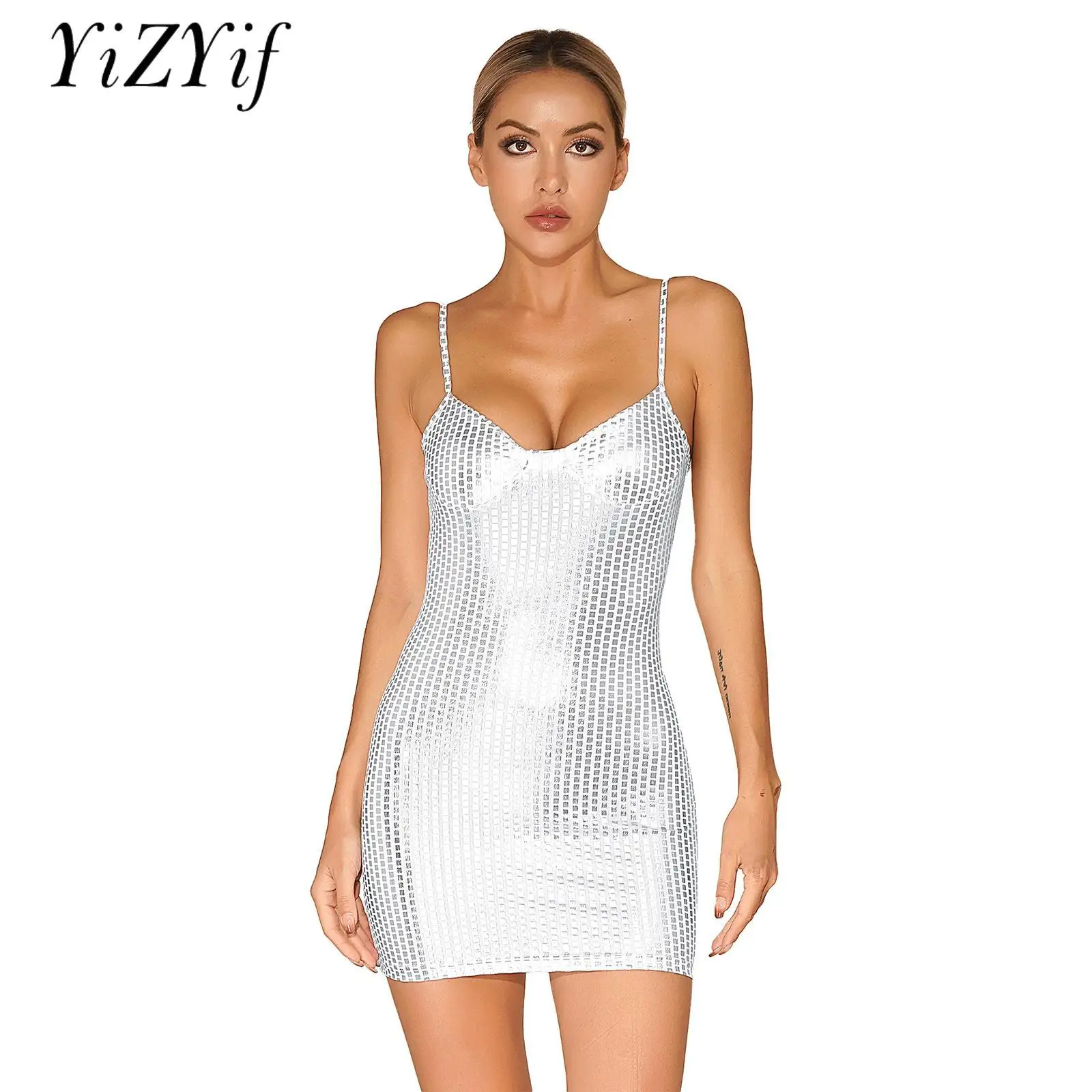 

Womens Shiny Metallic Bodycon Pencil Dress Slim Fit Low-Cut Spaghetti Straps Glitter Pole Dance Dress Cocktail Party Clubwear