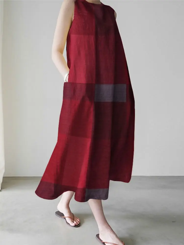 

Oversized ZANZEA Vintage Plaid Women Dress 2022 Summer Sleeveless Midi Vestidos Casual O-neck Tank Long Sundress Ladies Robes 1