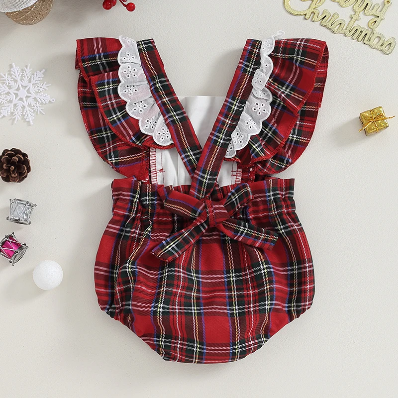 

Baby Girl Christmas Romper Fly Sleeve Santa Claus Print Plaid Bodysuit Overalls for Daily Party
