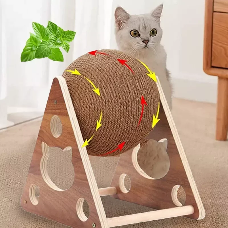 

Scratcher Ball Natural Sisal Rope Rotatable Ball Toy Solid Wood Wear-resistant Kitten Toy Indoor Interactive Pet Supplies