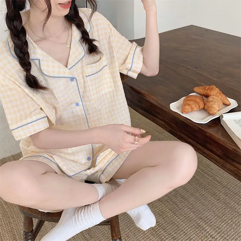 Plaid Pajama Sets Women 4 Colors Ruffles Stylish Simple New Casual Korean Style Ladies Puff Sleeve Lovely Sweet Sleepwear Summer