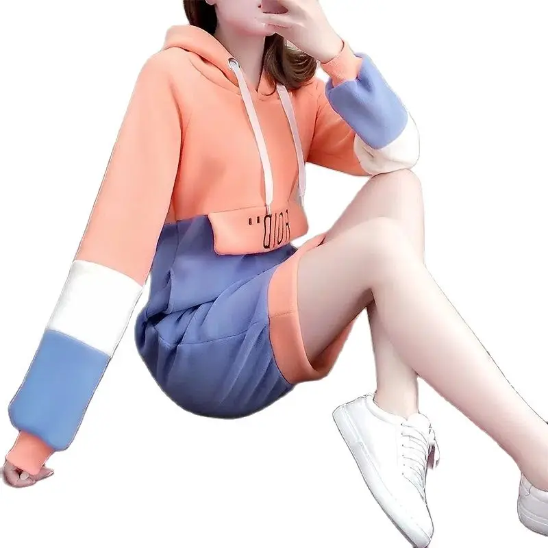 Толстовка с бархатным утеплителем женское свободное корейское платье капюшоном