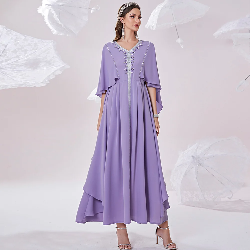 Women Summer Muslim Elegant Purple V-neck Sewn Diamond Dress Turkish Abaya Arab Islamic Women Moroccan Kaftan Named Gown